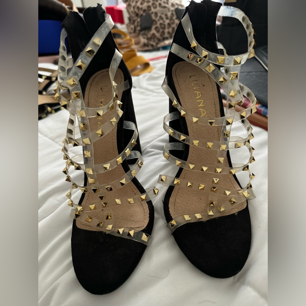 Black gold studded heels